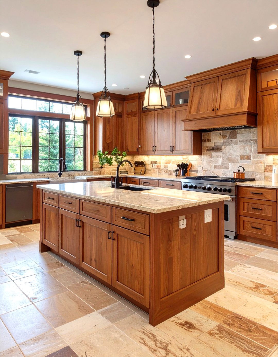Cherry Cabinets with Natural Stone Backsplash - 24 Natural Cherry Kitchen Cabinets