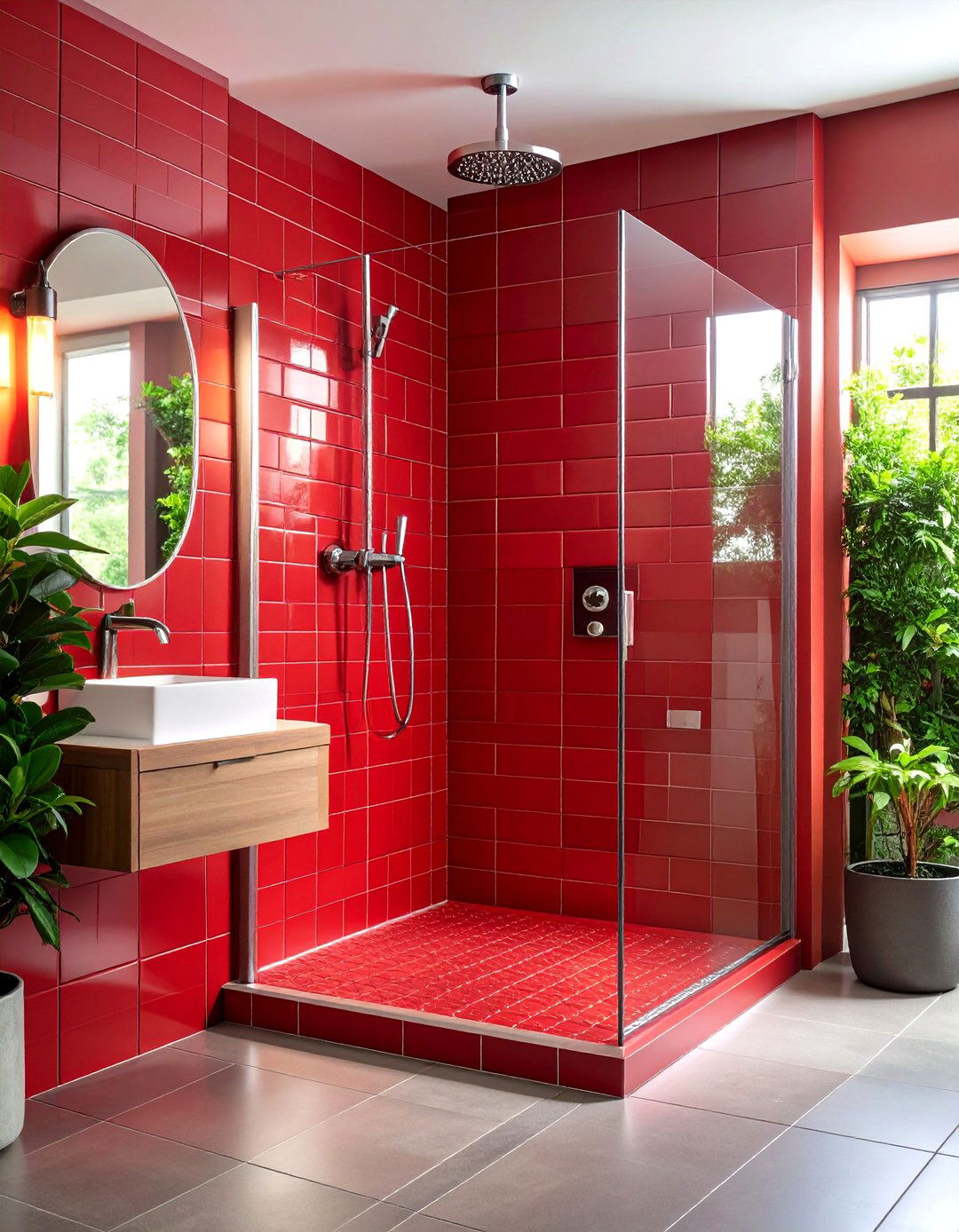 Cherry Red Tile Shower Design - 24 Red Bathroom Ideas