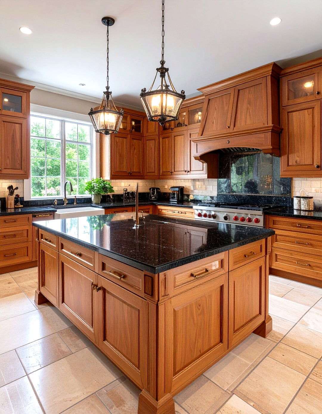 Cherry Wood Cabinets with Black Granite Combinations - 24 kitchen with brown cabinets and black countertops ideas