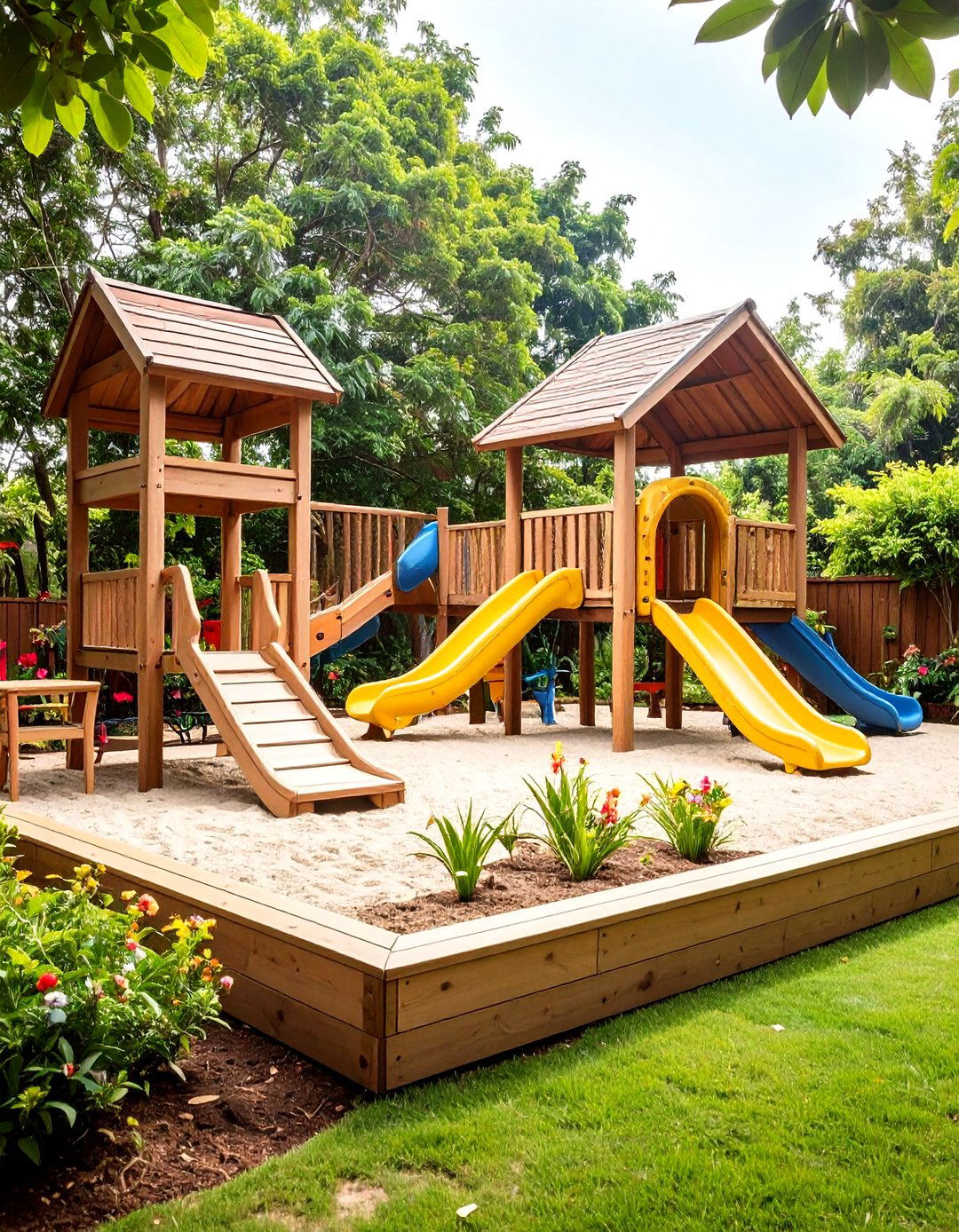 Childrens Play Area with Sandbox Integration - 24 Garden Sleeper Ideas