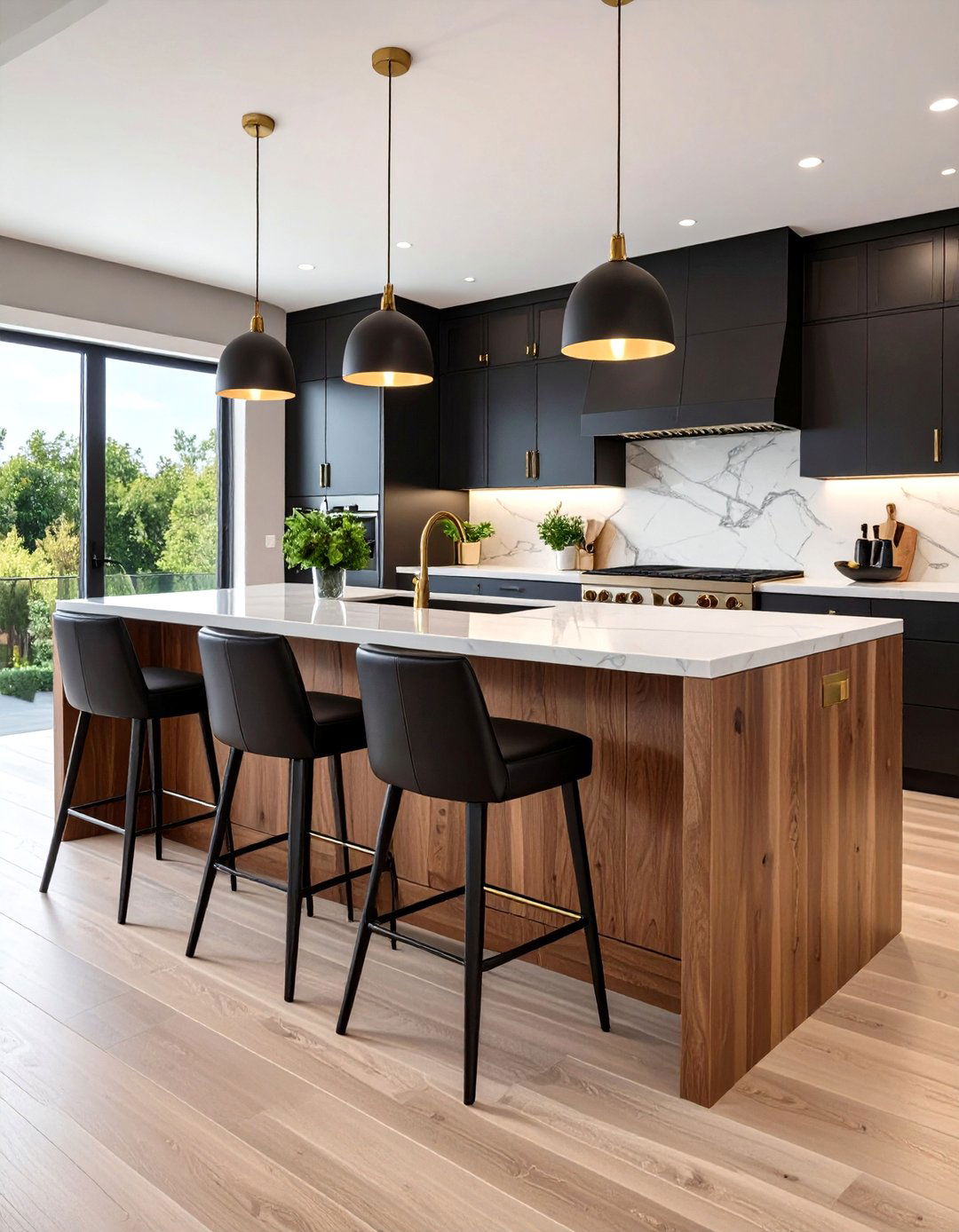 Chocolate Brown Kitchen Island with Black Bar Stools - 24 Black and Brown Kitchen Ideas