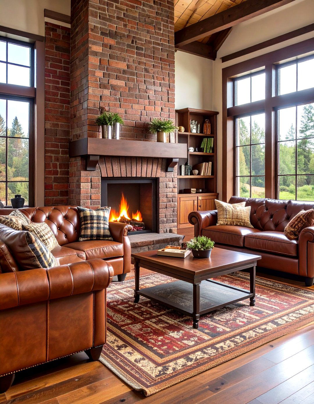 Chocolate Brown Painted Brick Fireplace with Leather Lodge - 24 Painted Brick Fireplace Ideas