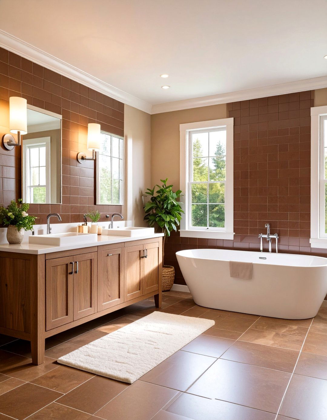 Chocolate Brown Subway Tiles with White Fixtures - 24 Brown and White Bathroom Ideas