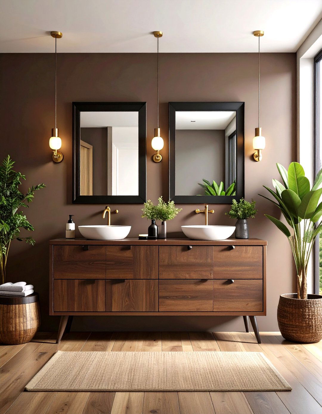 Chocolate Brown Vanity with Black Mirror Frame - 24 brown and black bathroom ideas