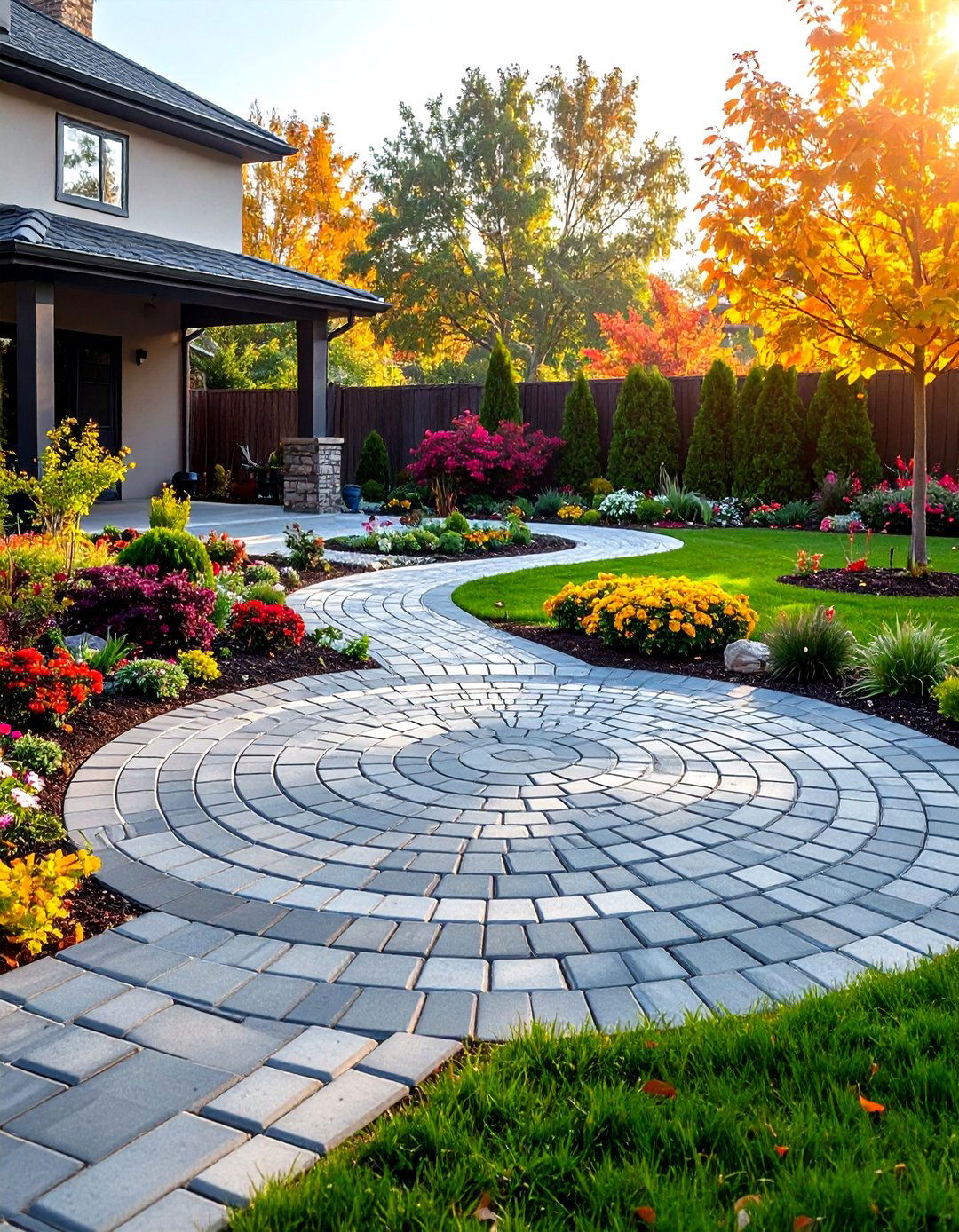 Circular Accent Grey Paver Design - 24 Grey Paver Walkway Ideas