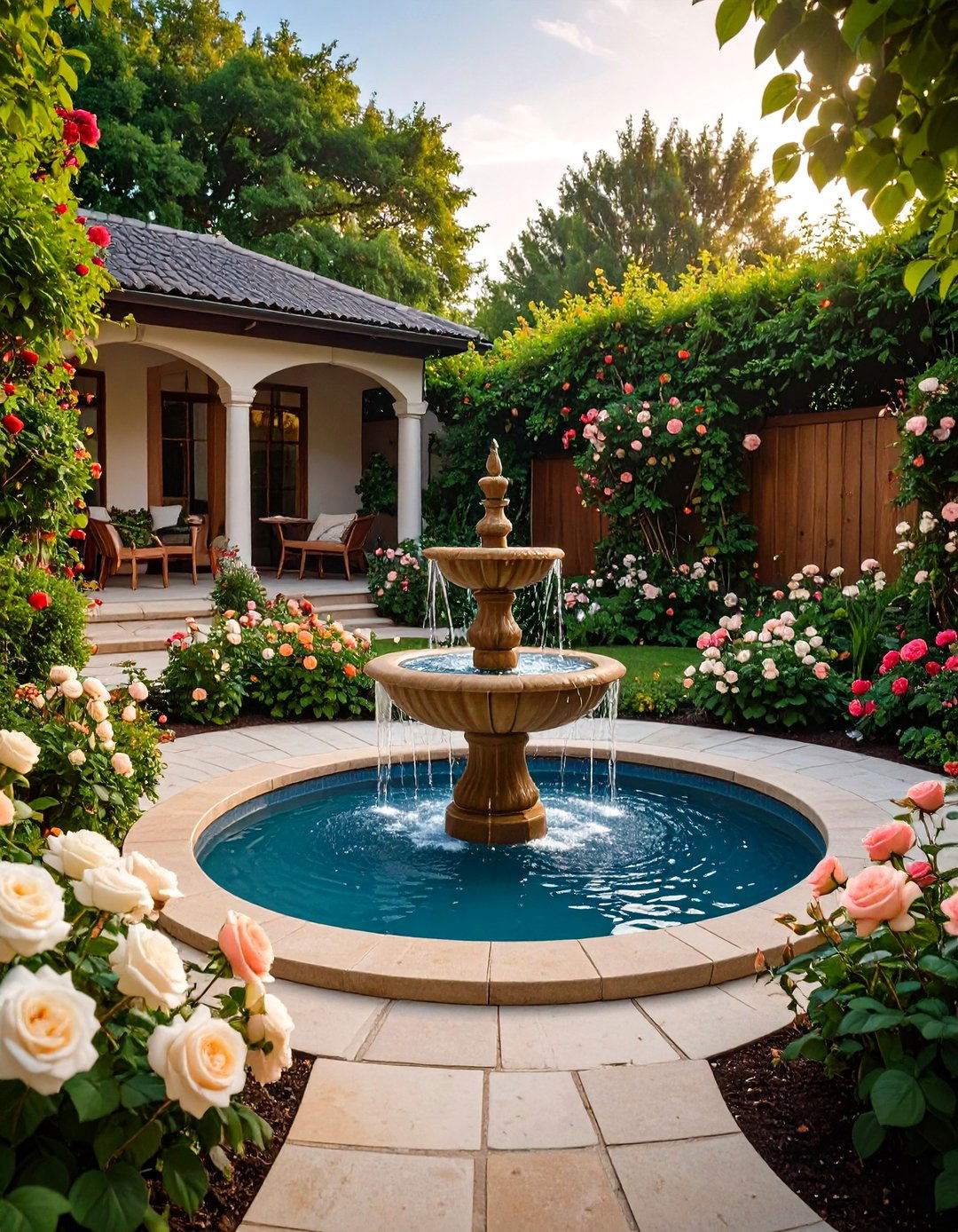 Circular Rose Garden with Central Fountain Feature - 24 Round Garden Bed Ideas
