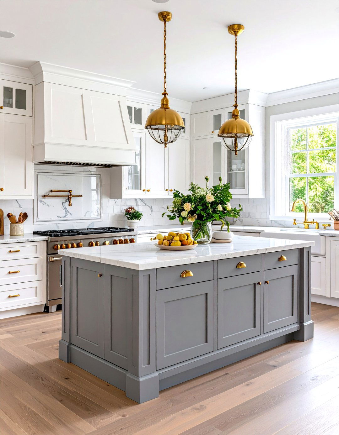 Classic American White Kitchen With Dove Grey Island - 24 White Kitchen Cabinets With Grey Island Ideas