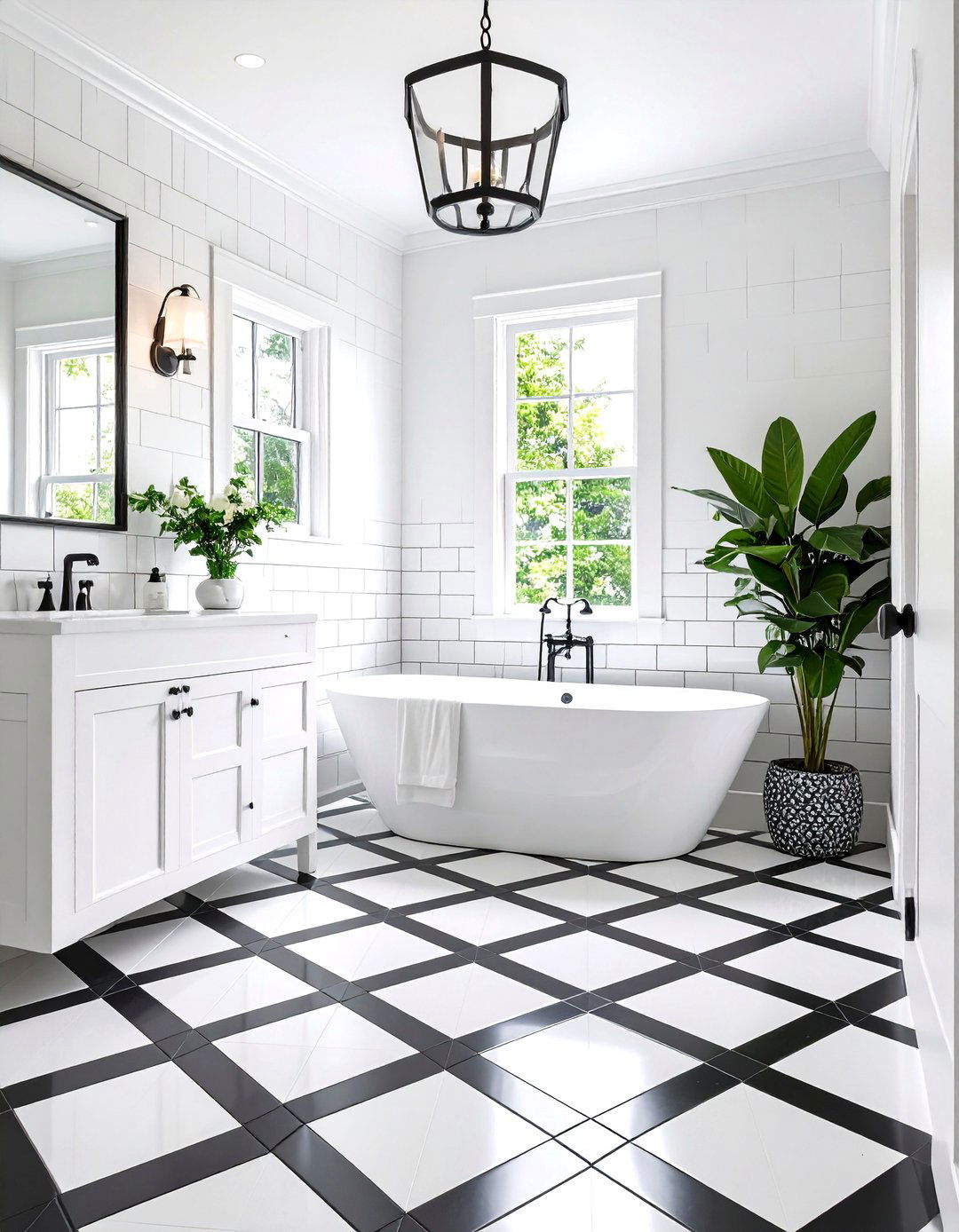 Classic Black and White Diamond Pattern Floor with White Subway Walls - 24 Black Floor Bathroom With White Walls Ideas