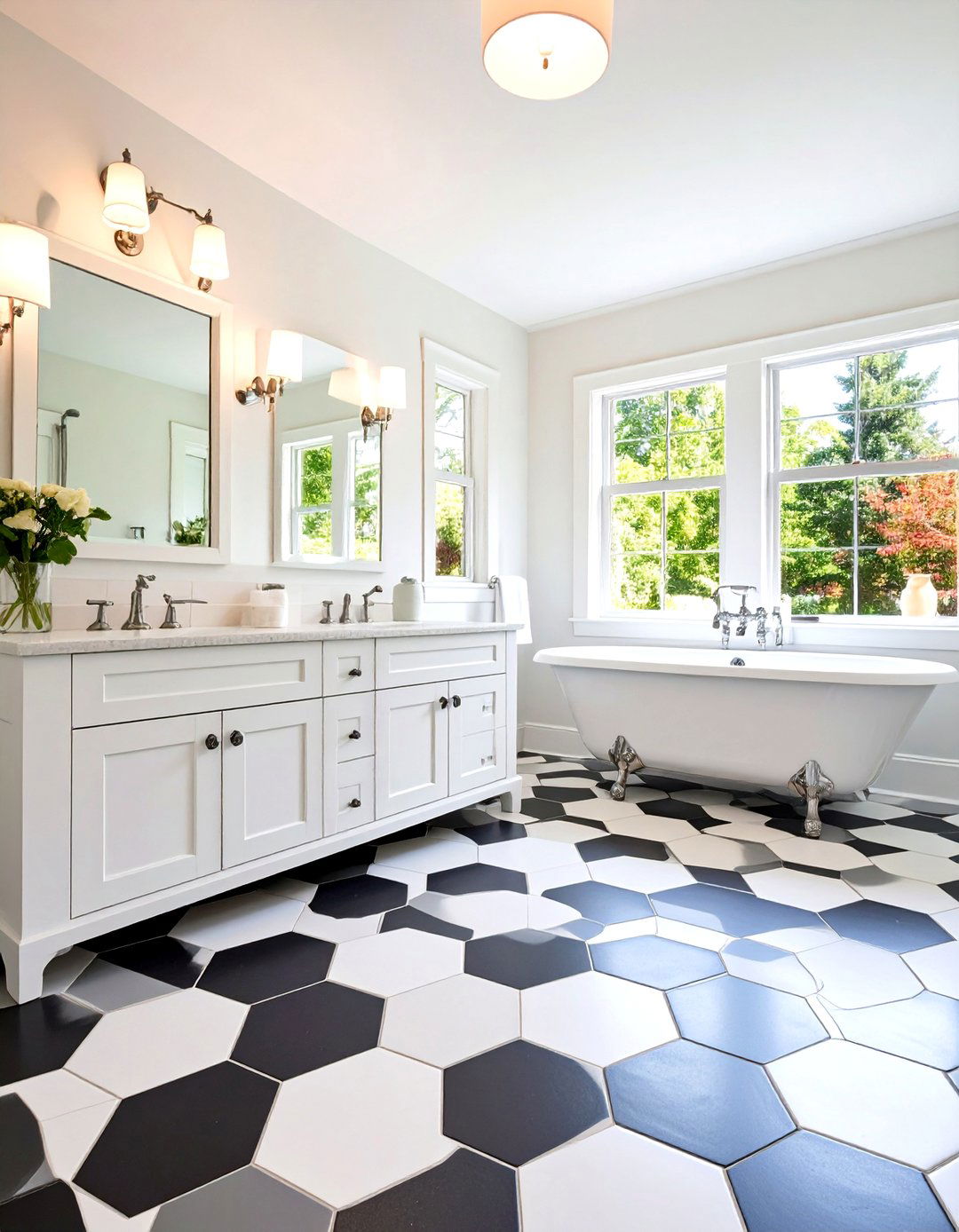 Classic Black and White Hexagon Floor Patterns - 24 Hexagon Tiles Ideas for Bathrooms