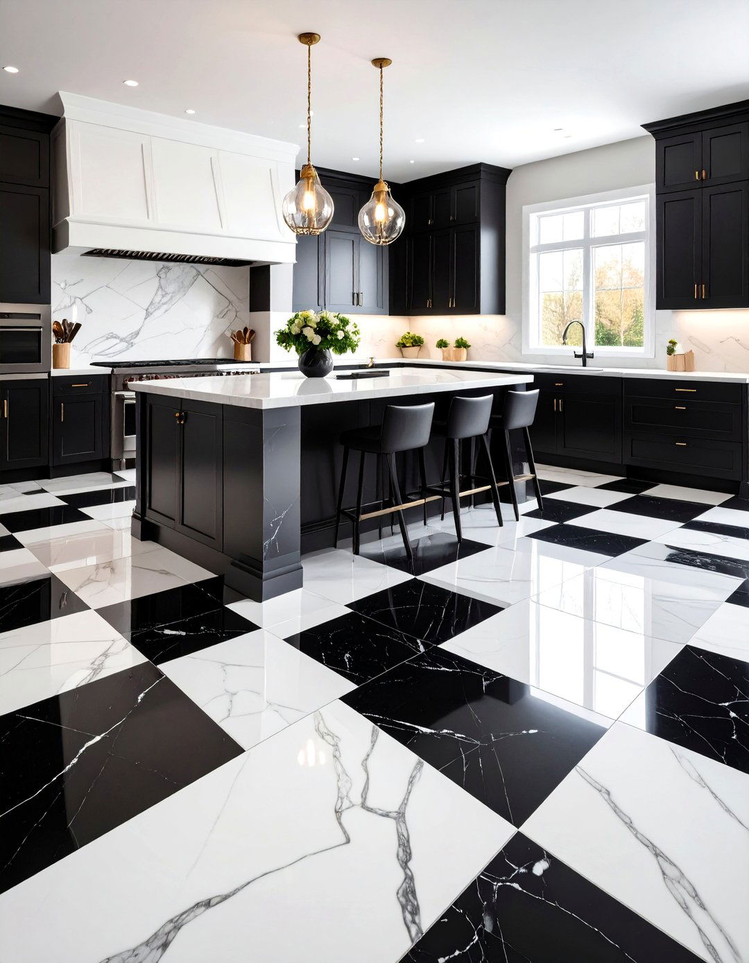 Classic Black and White Marble Checkered Kitchen - 24 Kitchens With Checkered Floors