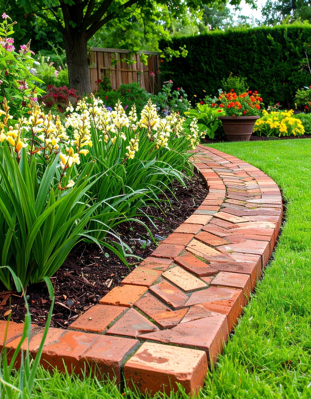 Classic Brick Mulch Edging with Herringbone Pattern - 24 Mulch Edging Ideas