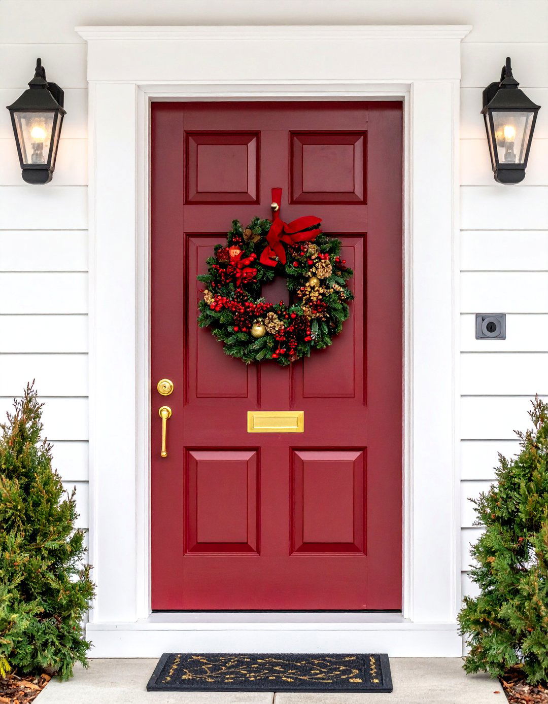 Classic Burgundy Colonial Door with Brass Hardware - 24 Dark Red Front Door Ideas