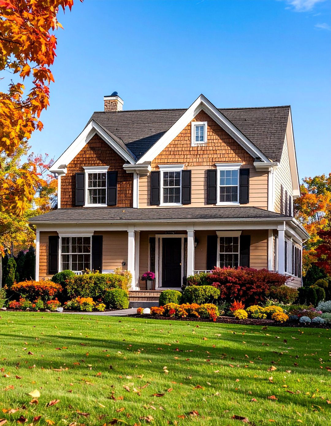 Classic Colonial Brown Shingle and Cream Clapboard - 24 Cream and Brown House Exterior Ideas