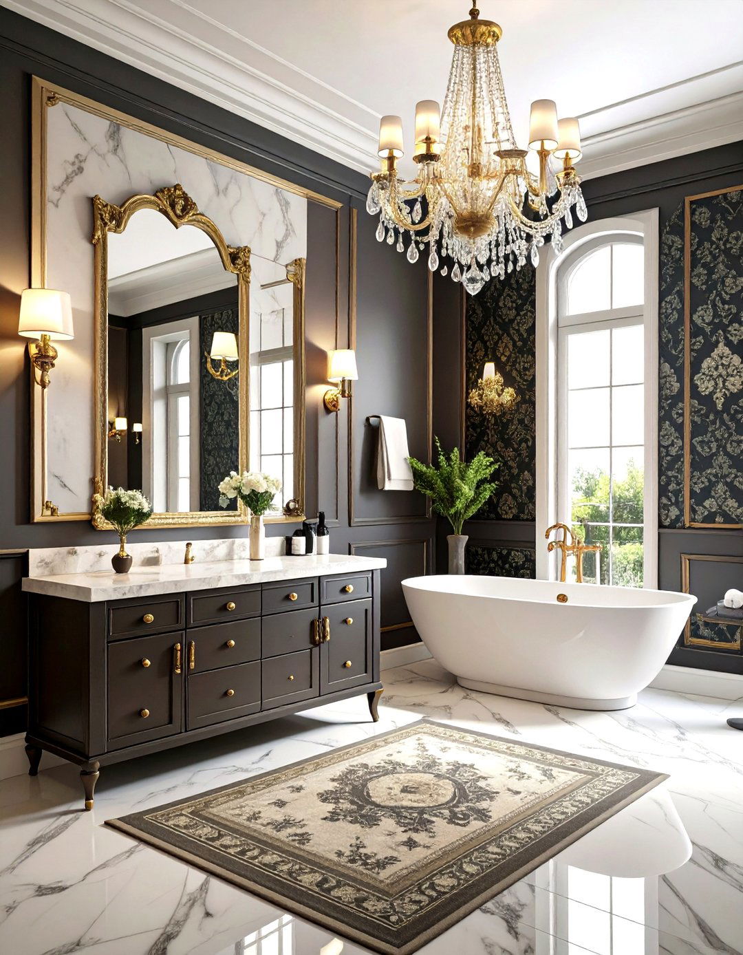 Classic Damask Pattern Powder Room - 24 Black and White Powder Room Ideas