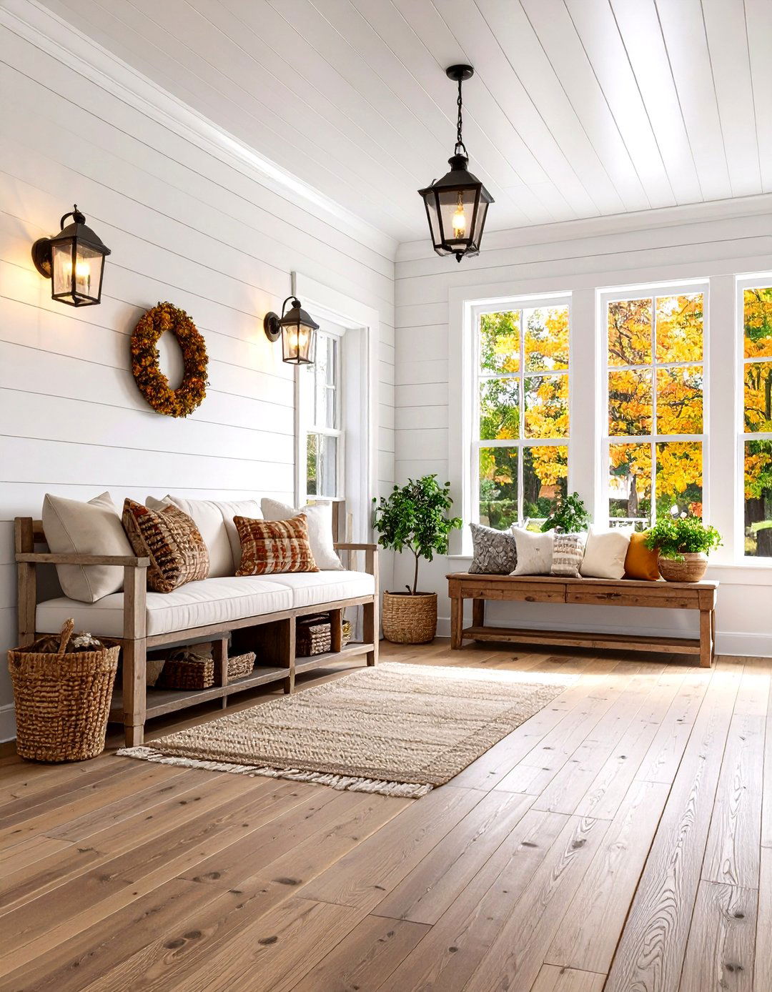 Classic Horizontal White Shiplap Farmhouse Foyer - 24 Shiplap Wall Entryway Ideas