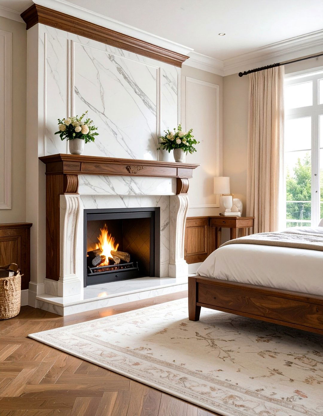 Classic Marble Surround with Wood Mantel - 24 Bedroom Fireplace Ideas