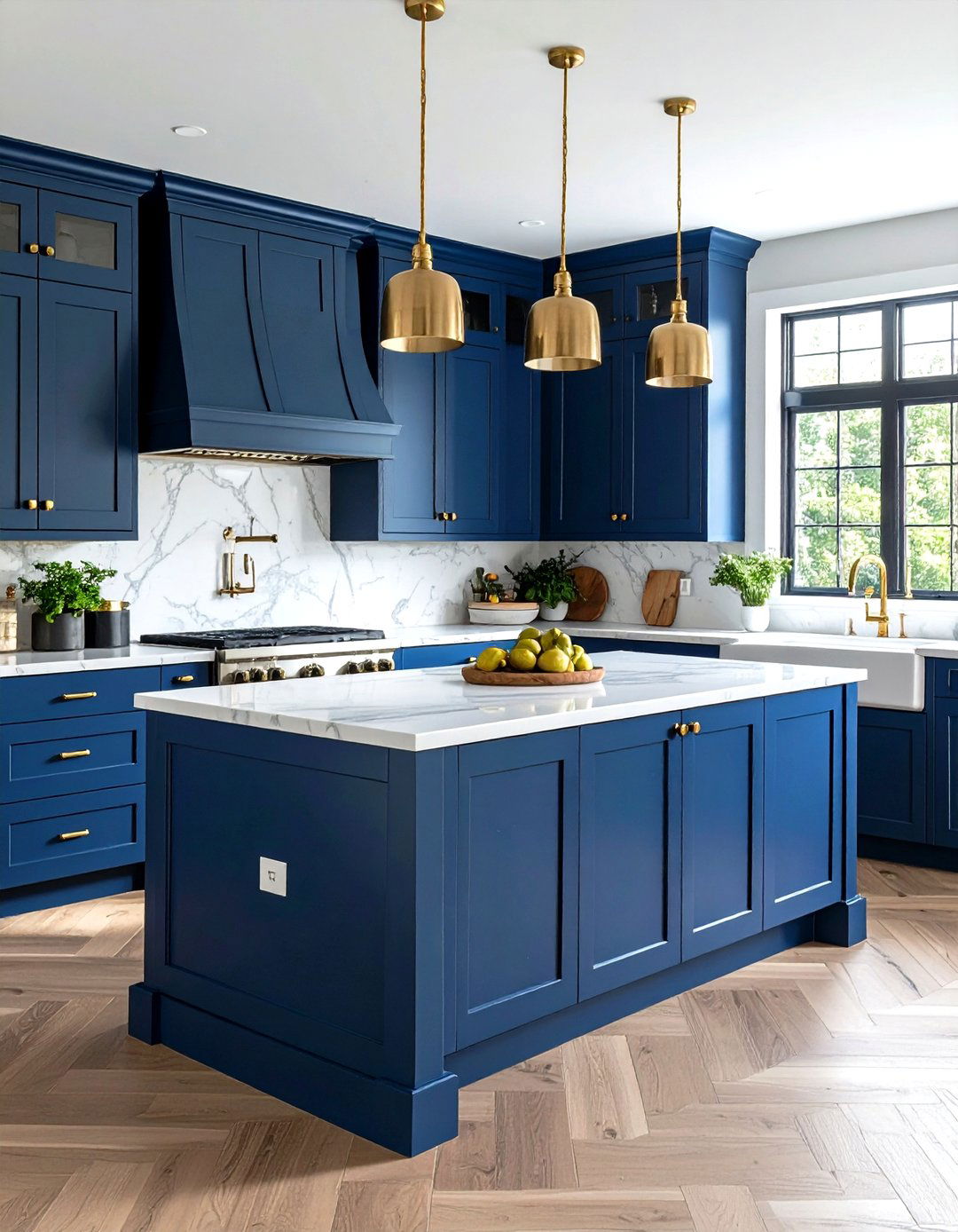 Classic Navy Blue Shaker Cabinets with Brass Hardware - 24 Navy Blue Kitchen Cabinets Ideas
