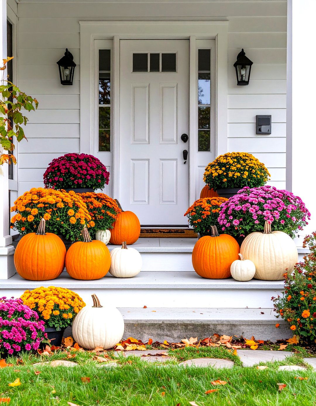 Classic Pumpkin and Mum Display - 24 fall outdoor decorating ideas