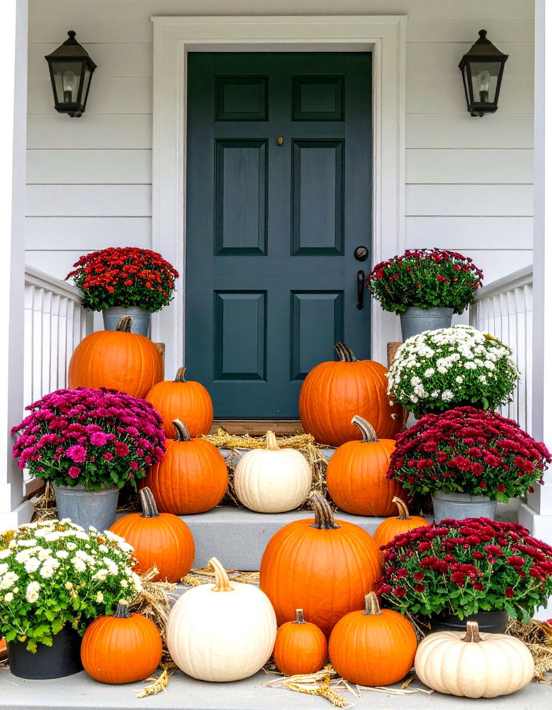 Classic Pumpkin and Mum Display - 24 Fall Porch Decor Ideas