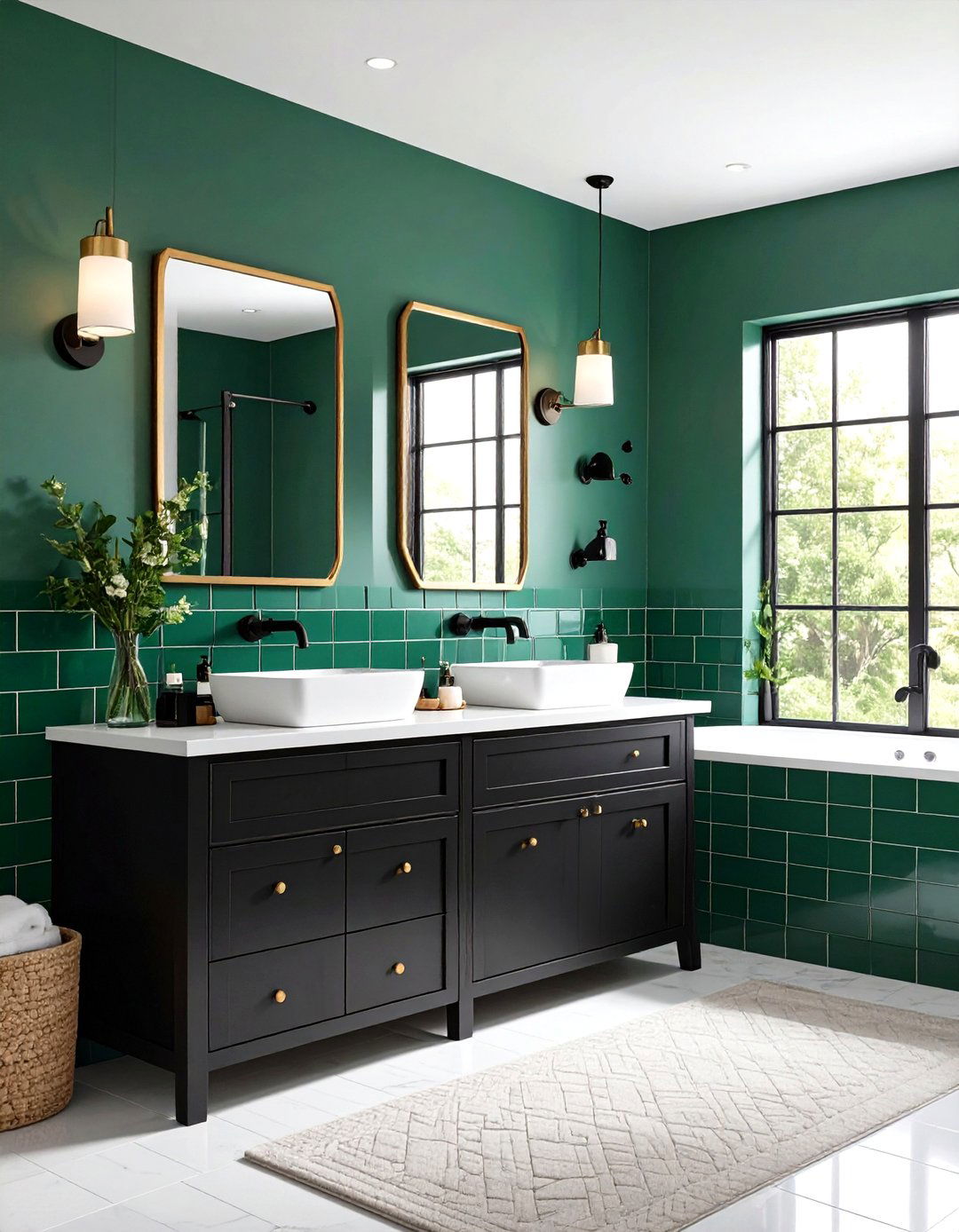 Classic Subway Tile with Emerald Accents - 24 black, white and green bathroom ideas