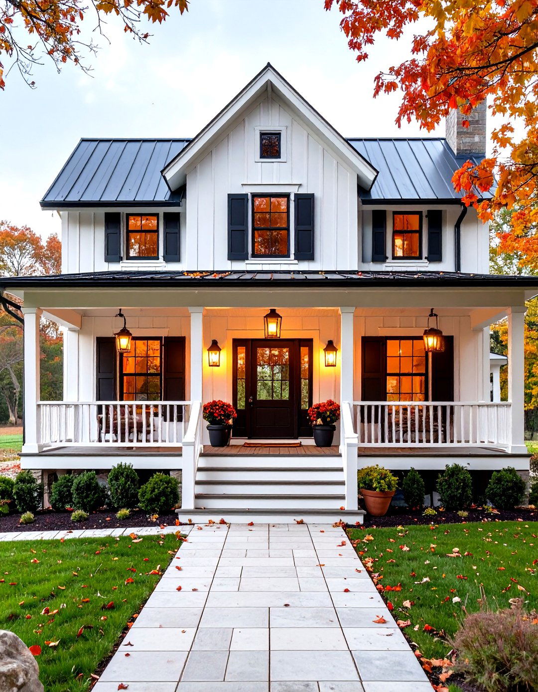 Classic White Board and Batten with Black Accents - 24 White Farmhouse With Wrap-around Porch Ideas