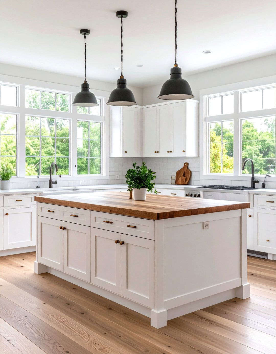 Classic White Farmhouse Kitchen with Butcher Block Island - 24 Farmhouse Kitchen Ideas