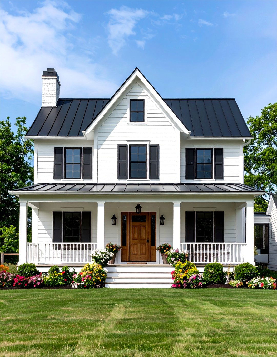Classic White Farmhouse with Black Metal Roof - 24 Exterior Home with a Black Roof Ideas