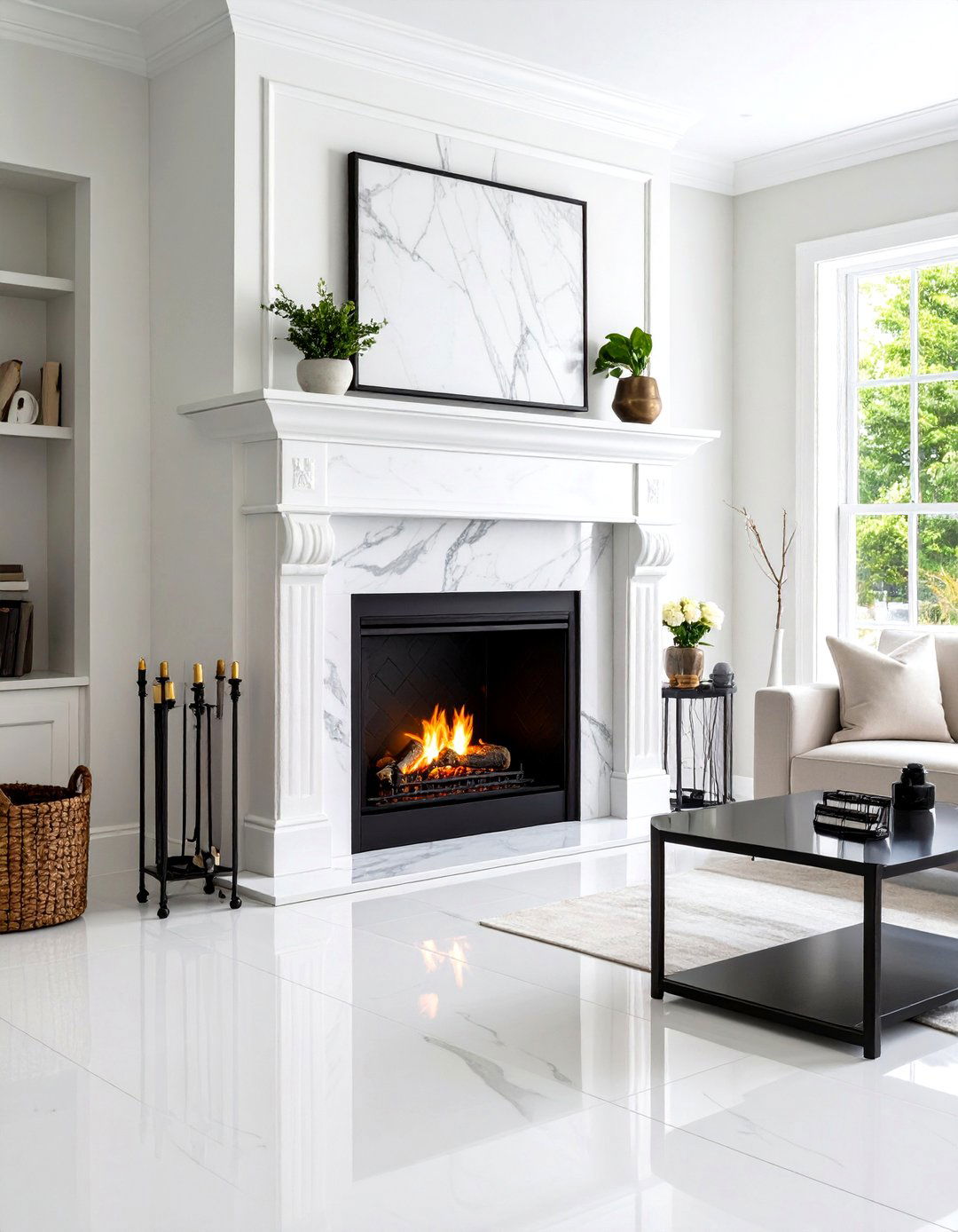Classic White Marble Surround with Black Accents - 24 Black and White Fireplace Ideas