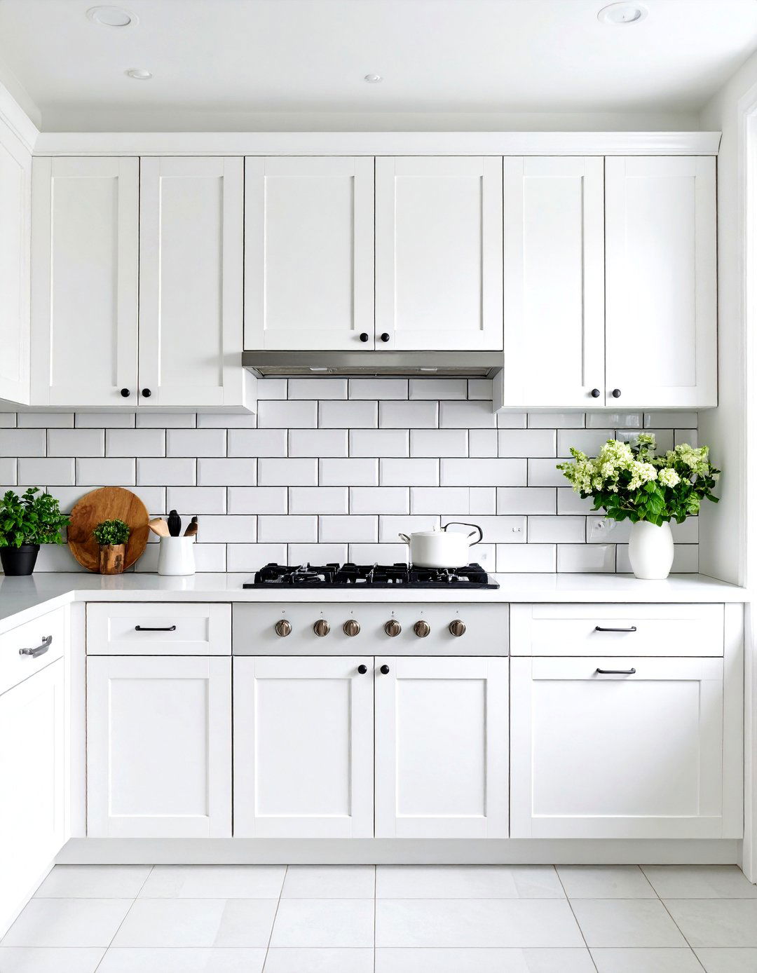 Classic White Subway Tile with Dark Grout - 24 White Cabinet Kitchen Backsplash Ideas
