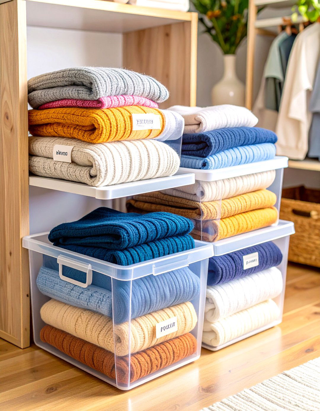 Clear Storage Boxes with Detailed Labeling System - 24 sweater storage ideas