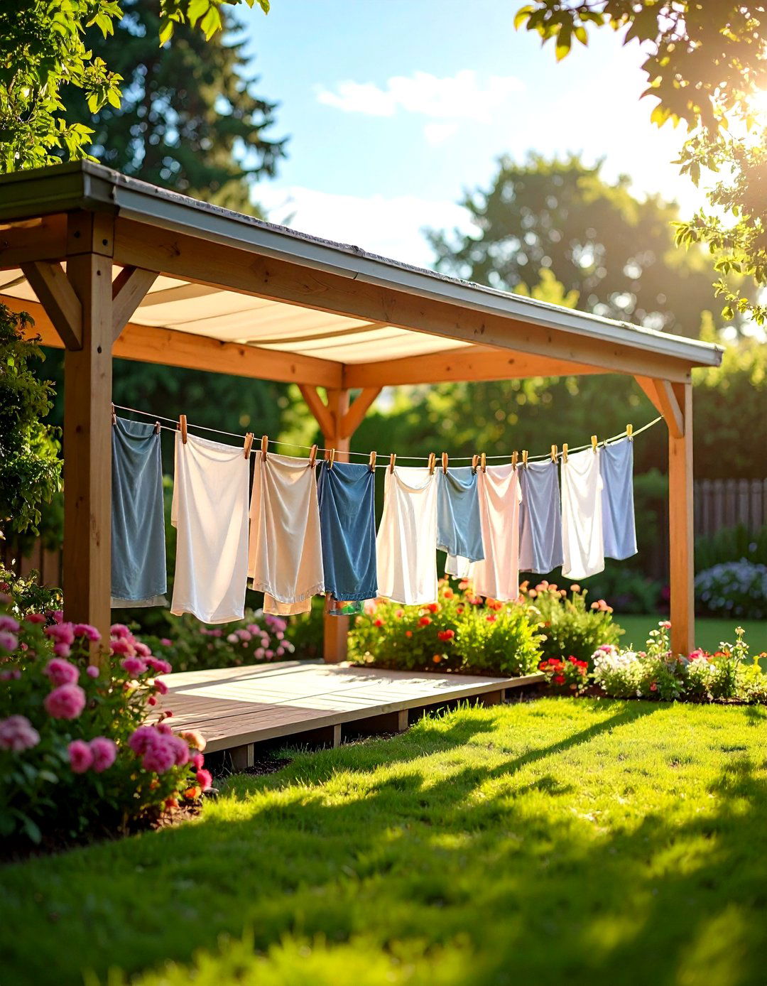 Clothesline with Built In Canopy - 24 Outdoor Clothesline Ideas