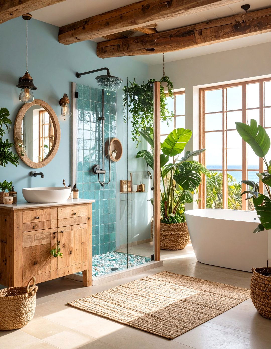 Coastal Beach House Driftwood and Sea Glass Shower - 24 Bathroom Shower Ideas