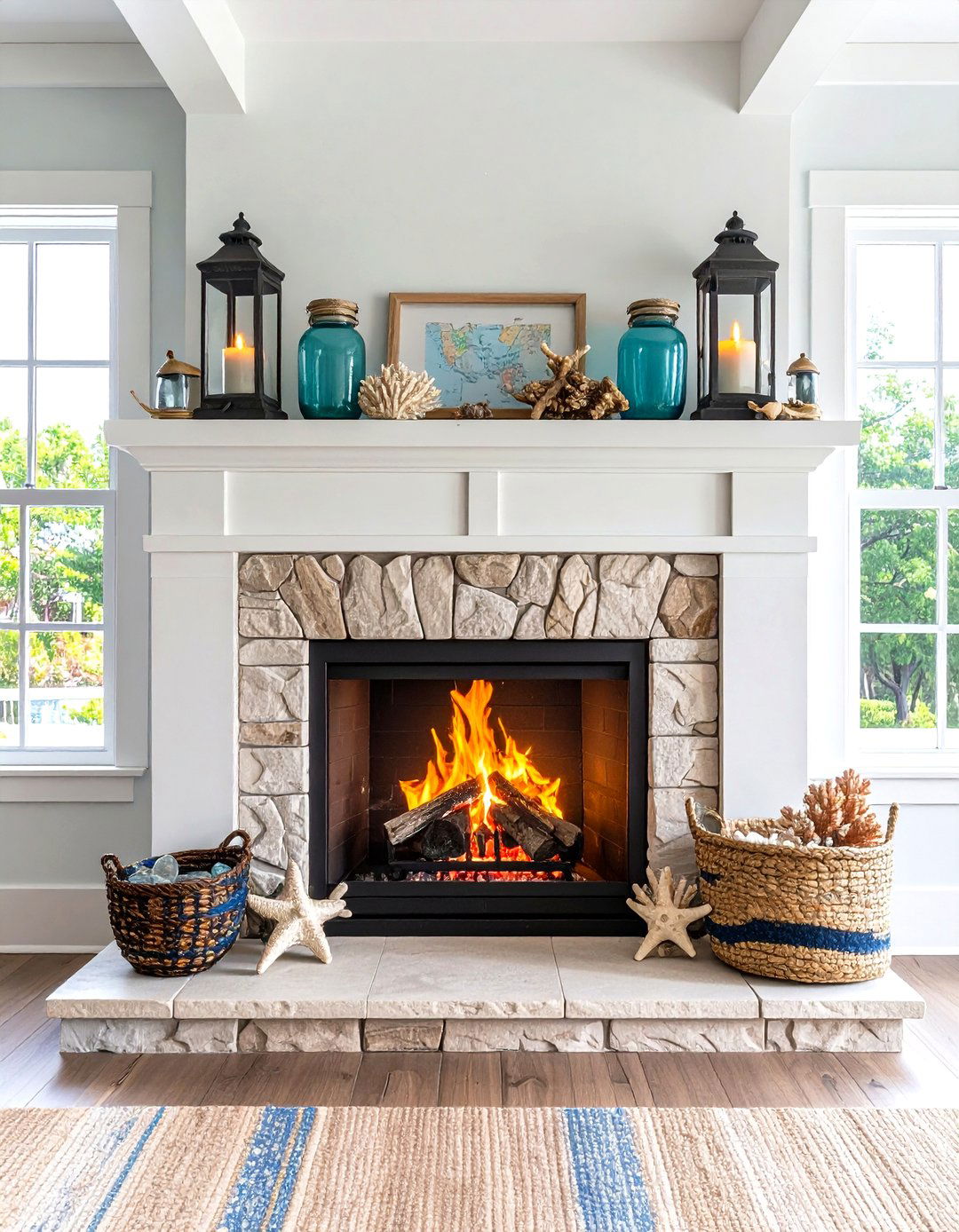 Coastal Beach House Fireplace with Nautical Accents - 24 Fireplace Decor Ideas