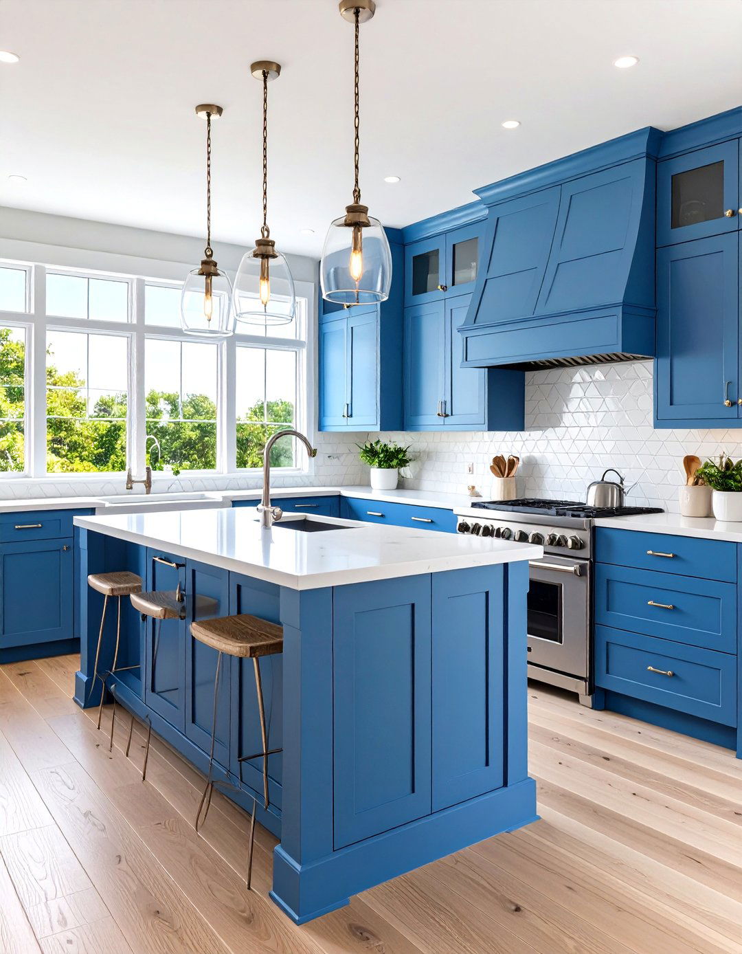 Coastal Blue Cabinets with Chrome Hardware and Glass Backsplash - 24 Light Blue Kitchen Cabinets Ideas