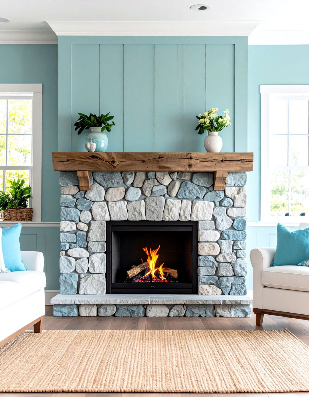 Coastal Blue Gray Stacked Stone Beach House Design - 24 Stacked Stone Fireplace Ideas