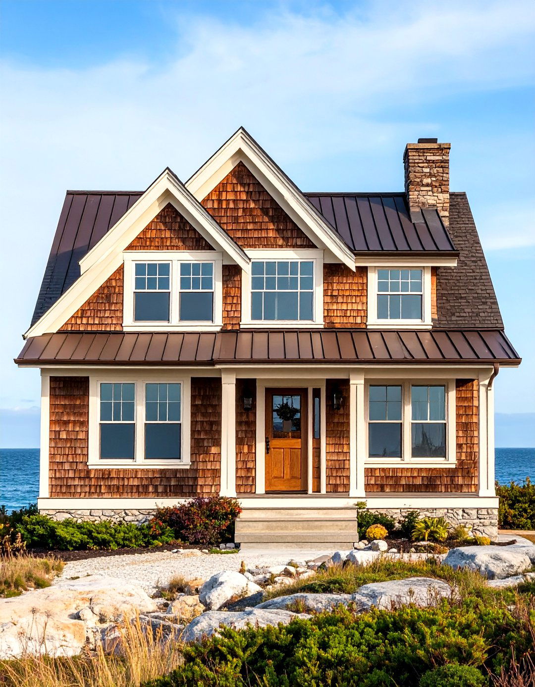 Coastal Brown Shingle with Cream Trim Cottage - 24 Cream and Brown House Exterior Ideas
