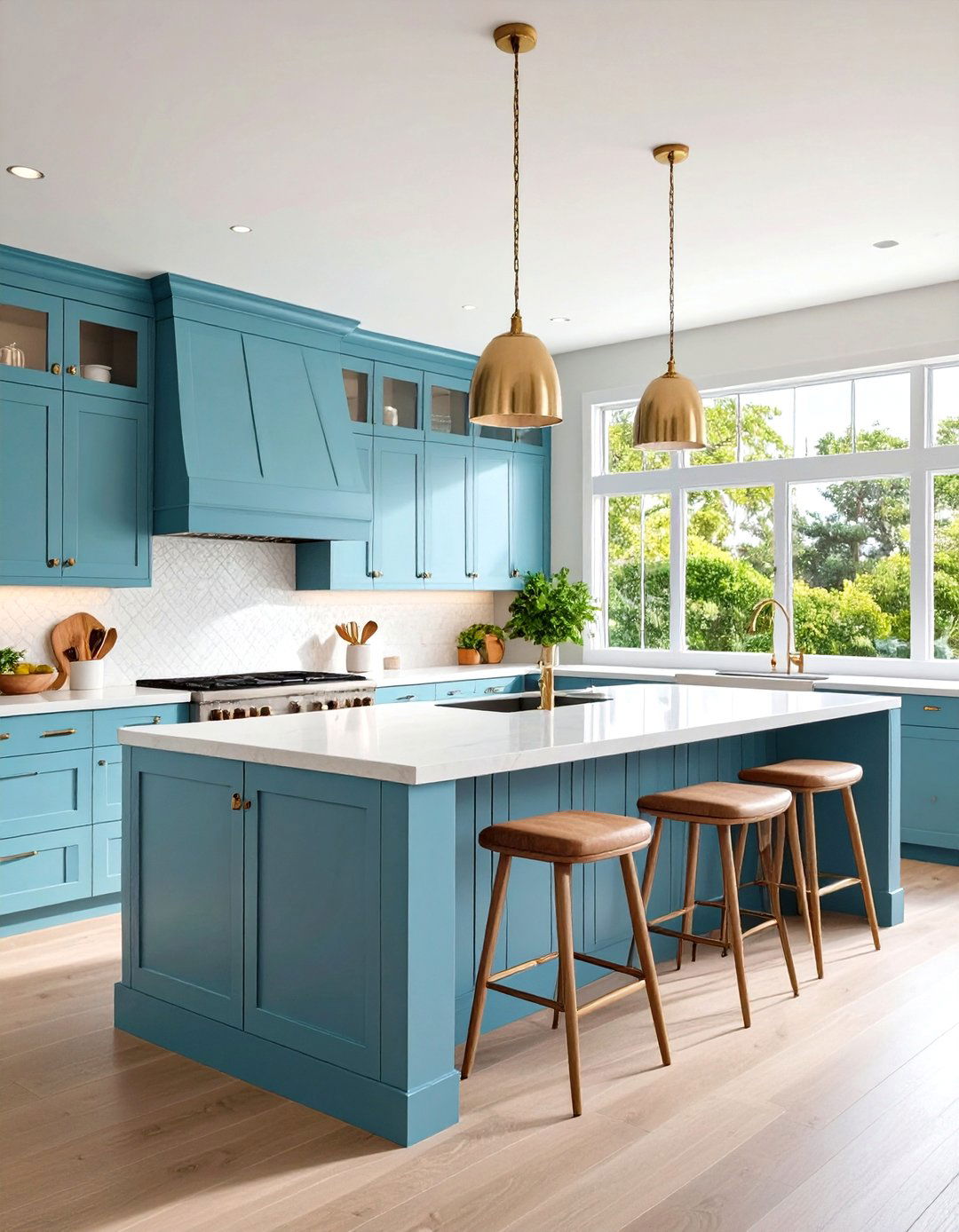 Coastal Contemporary Seafoam Island - 24 White Kitchen Cabinets With Blue Island