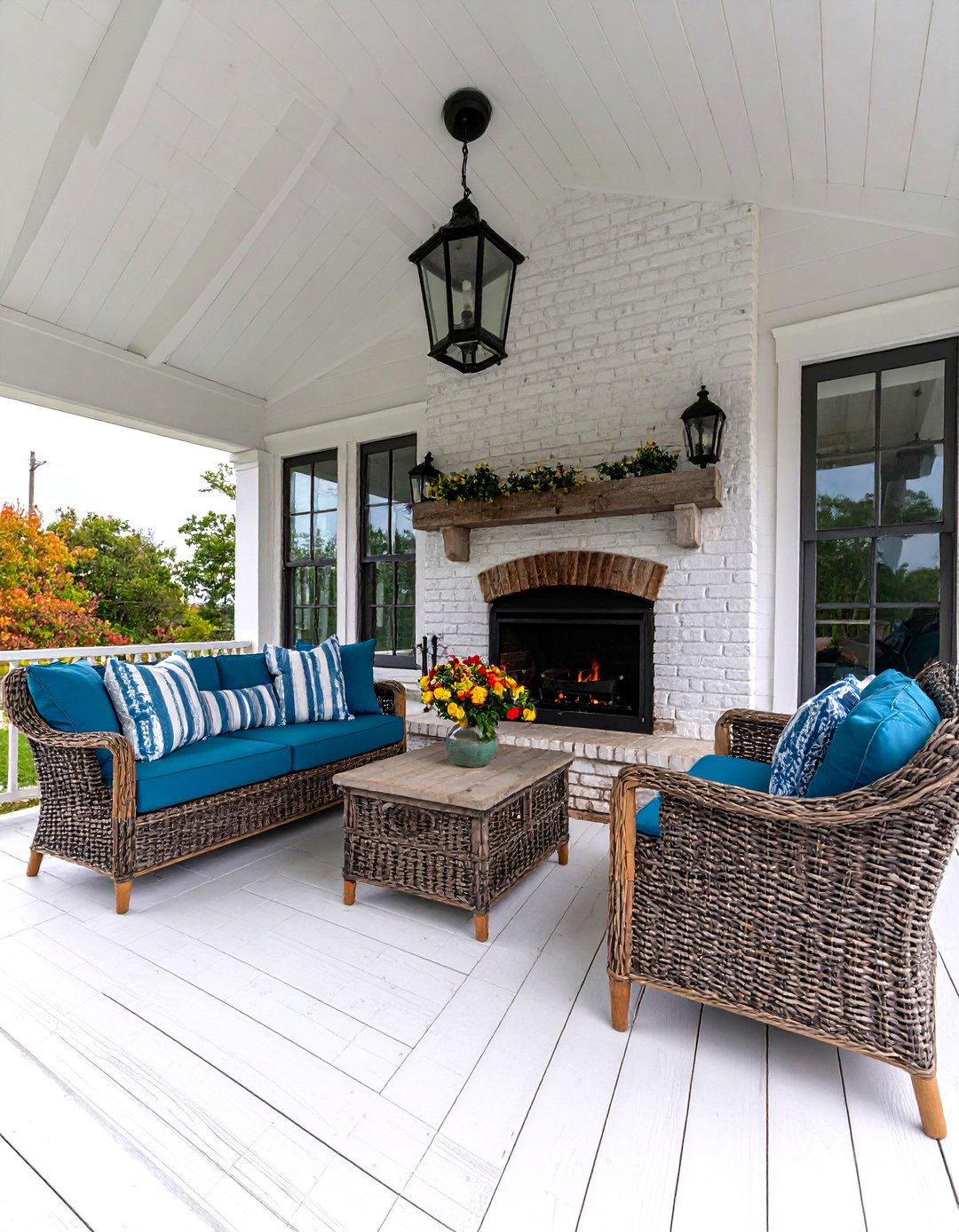 Coastal Cottage Brick Fireplace - 24 Screened-in Porch With Fireplace Ideas