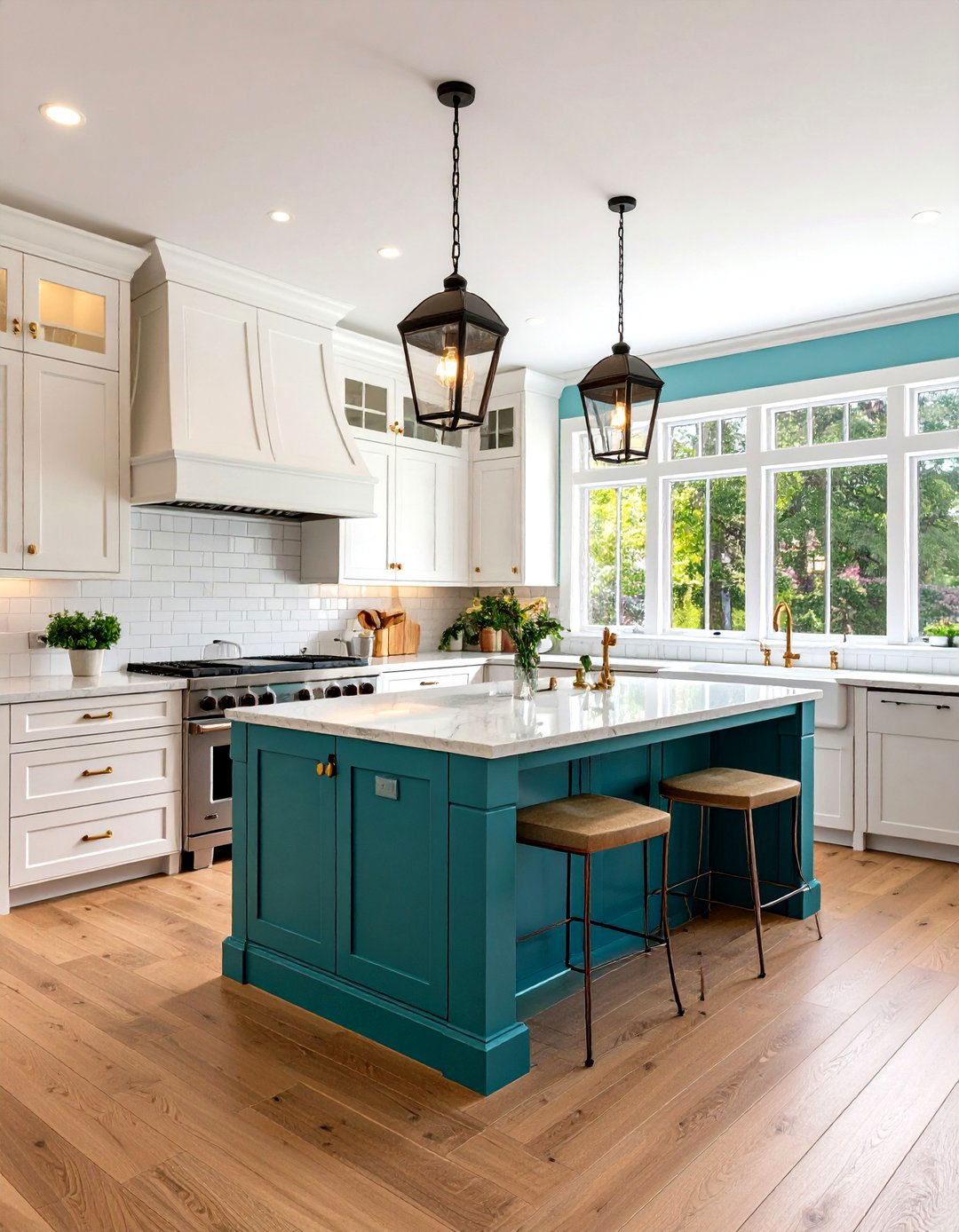 Coastal Farmhouse Teal Island Kitchen - 24 Teal and White Kitchen Ideas