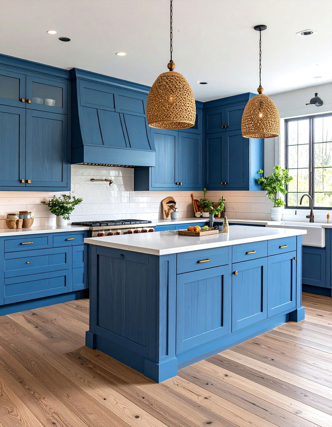 Coastal Farmhouse with Driftwood Blue Cabinets - 24 blue kitchen cabinets with gold hardware