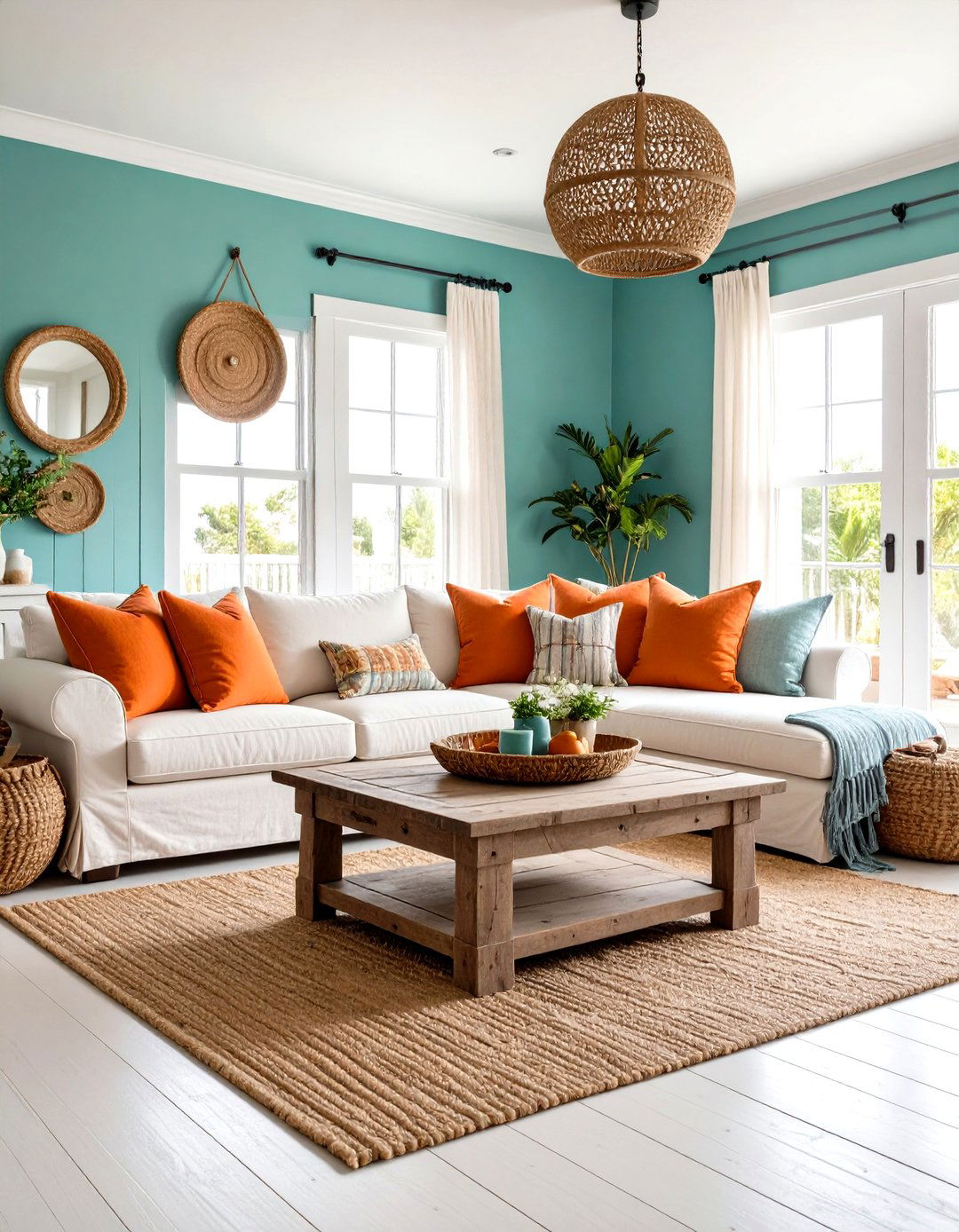 Coastal Green Orange Beach House Living Room