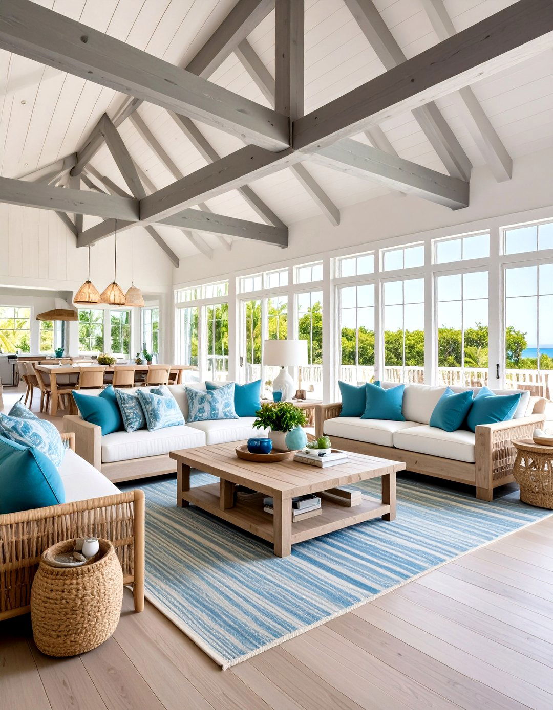 Coastal Living Room with Driftwood Inspired Beam Finishes