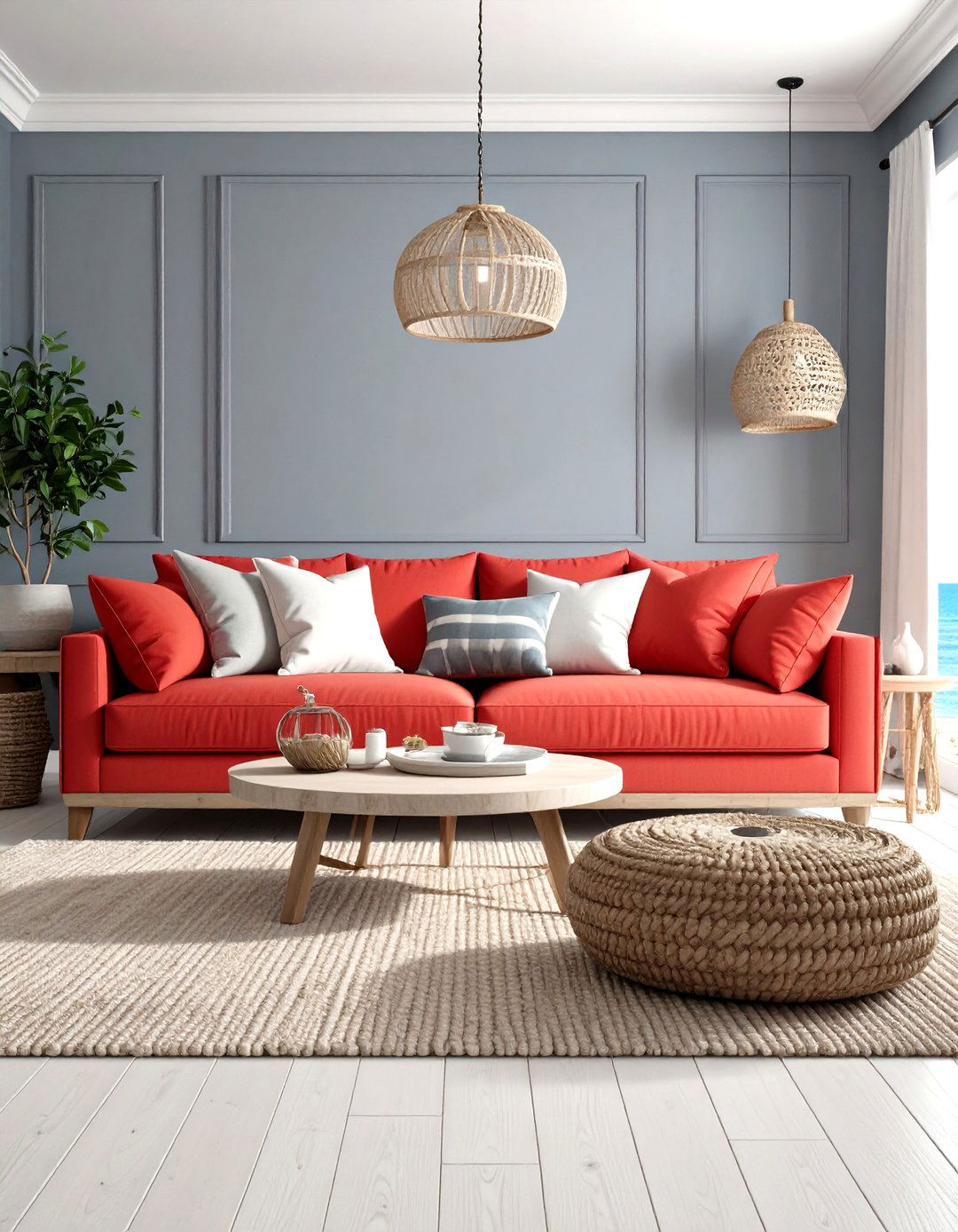 Coastal Modern Red Coral and Driftwood Grey - 24 Red and Grey Living Room Ideas