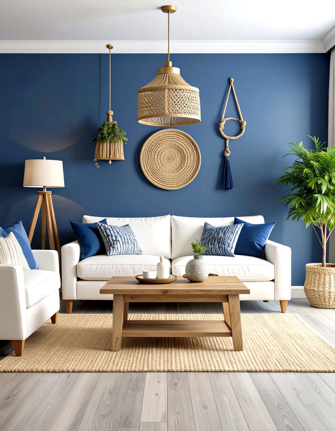Coastal Navy Blue Walls with Light Grey Hardwood Floors - 24 grey floor living room with blue walls ideas