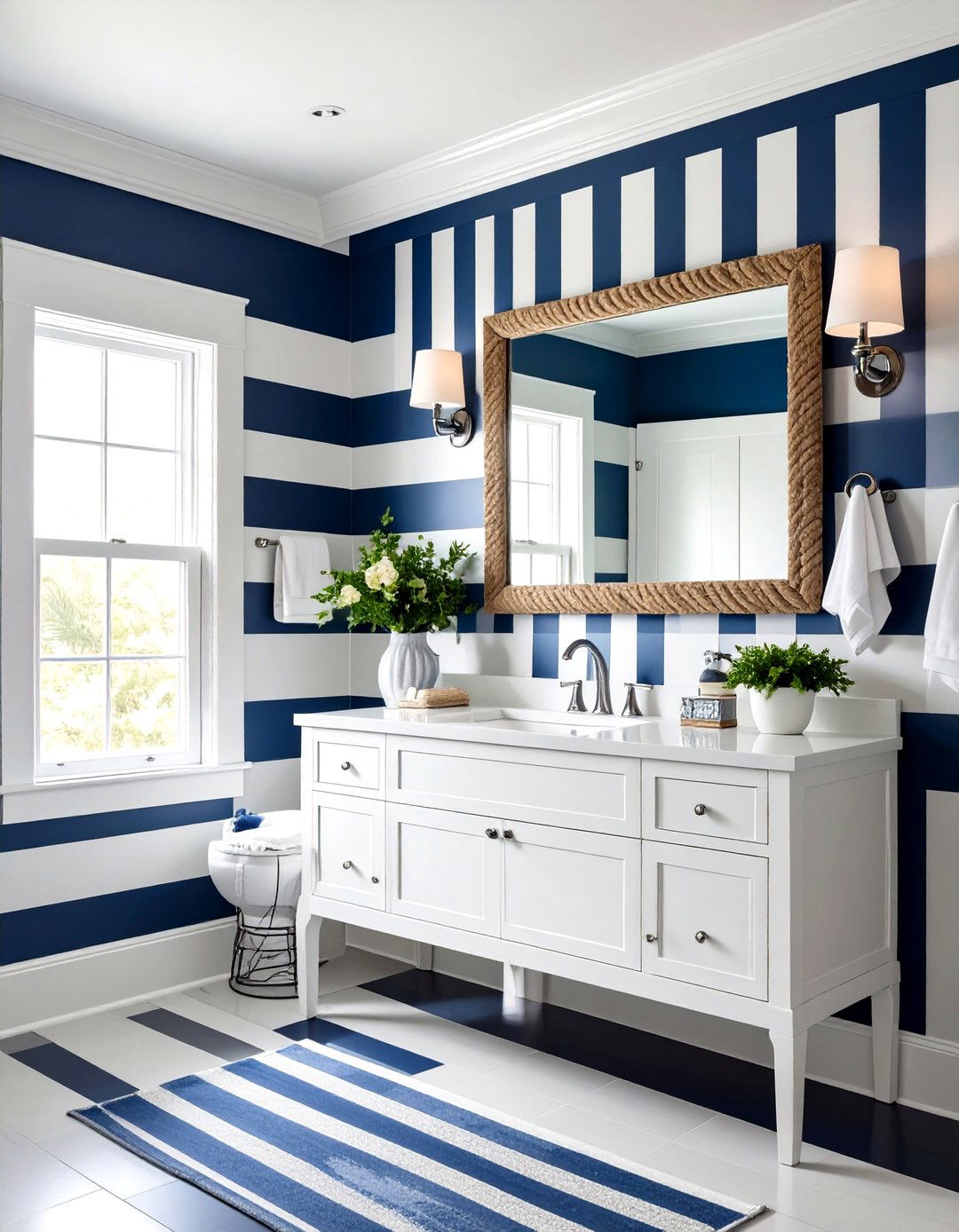 Coastal Navy and White Striped Powder Room - 24 navy blue powder room ideas