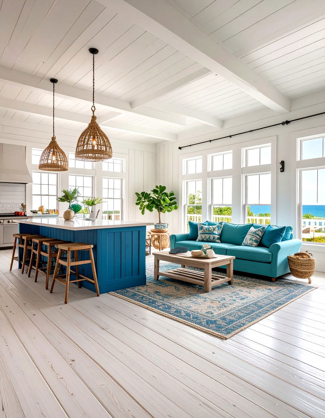 Coastal Open Floor Plan with Ocean Inspired Blues - 24 Open Floor Plan Ideas