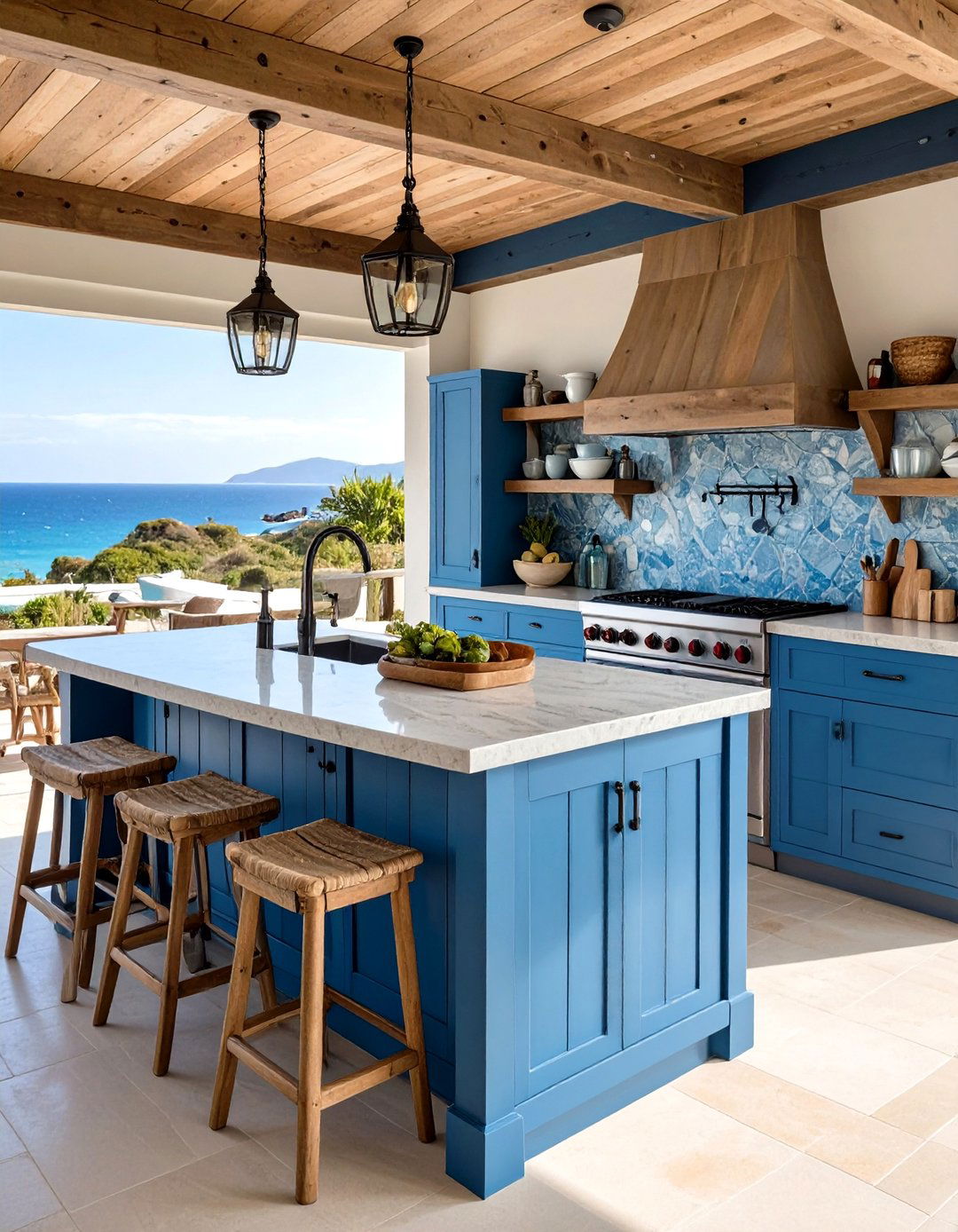 Coastal Outdoor Kitchen with Weathered Wood and Blue Accents - 24 Small Outdoor Kitchen Ideas