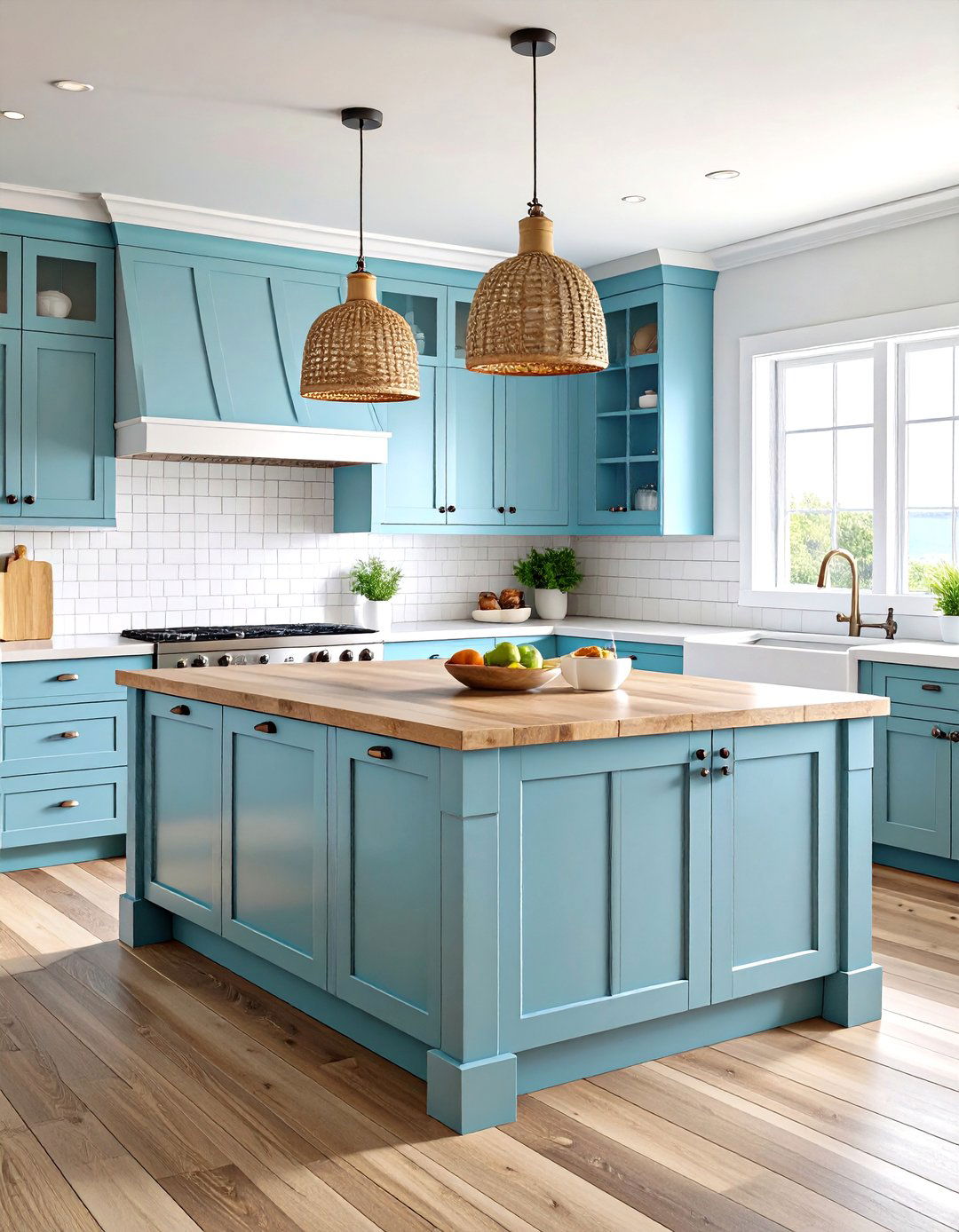 Coastal Powder Blue Island with Butcher Block Top - 24 Blue Kitchen Island Ideas