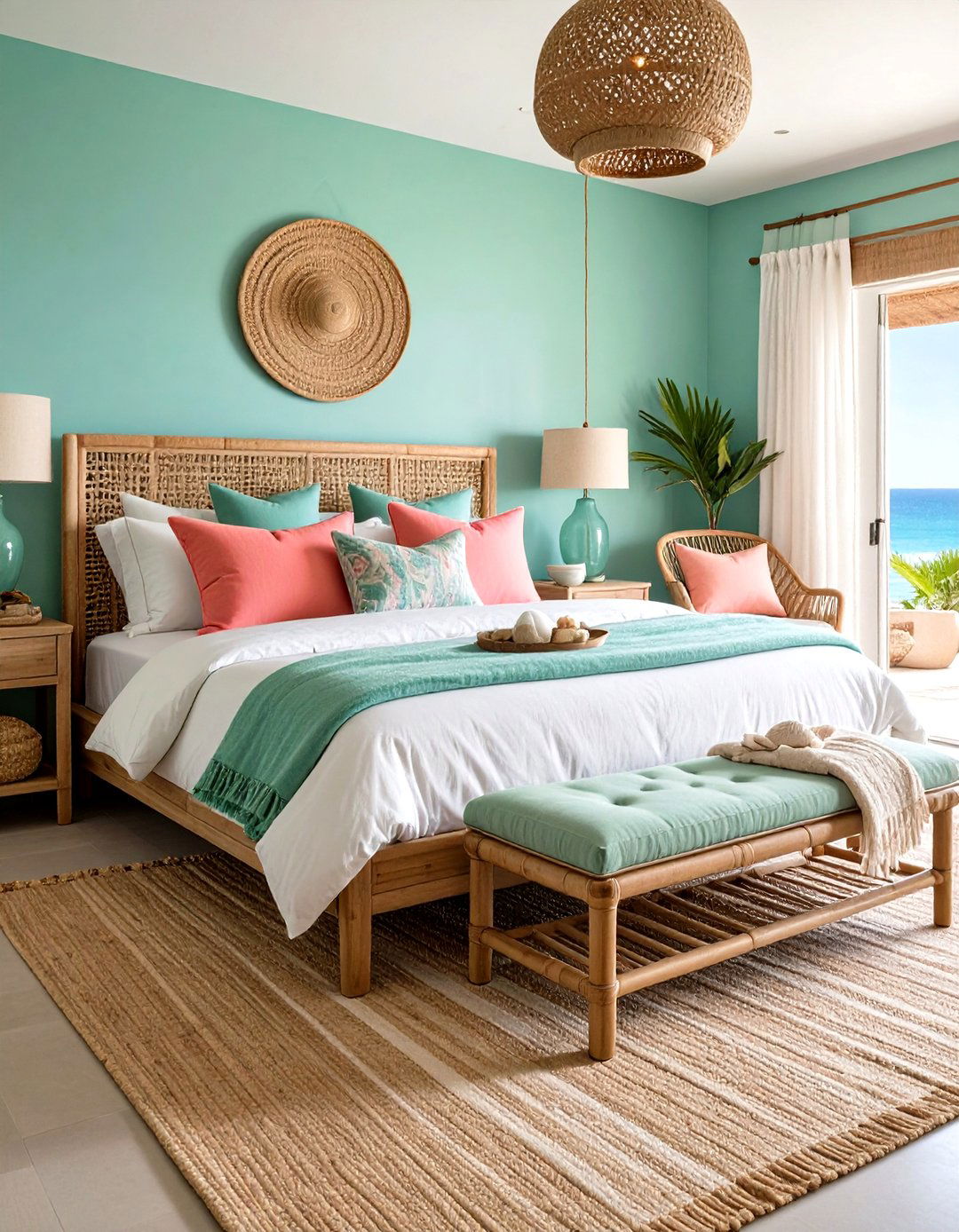 Coastal Seafoam Green and Coral Pink Retreat - 24 Pink and Green Bedroom Ideas