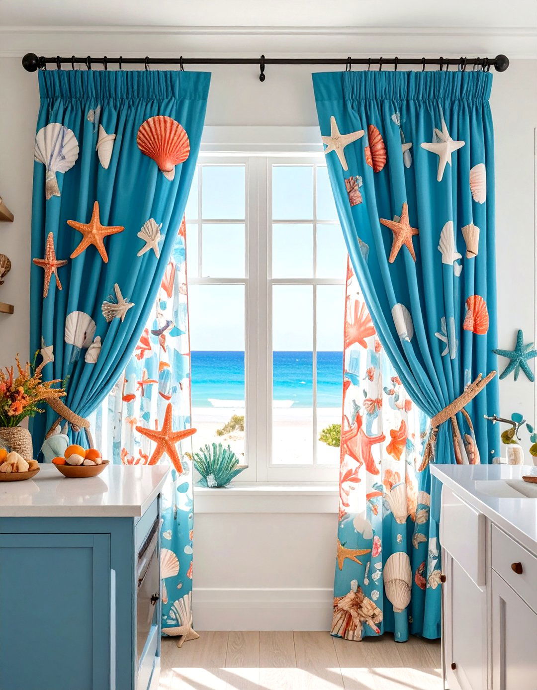 Coastal Shell and Starfish Print Curtains - 24 Kitchen Curtain Ideas